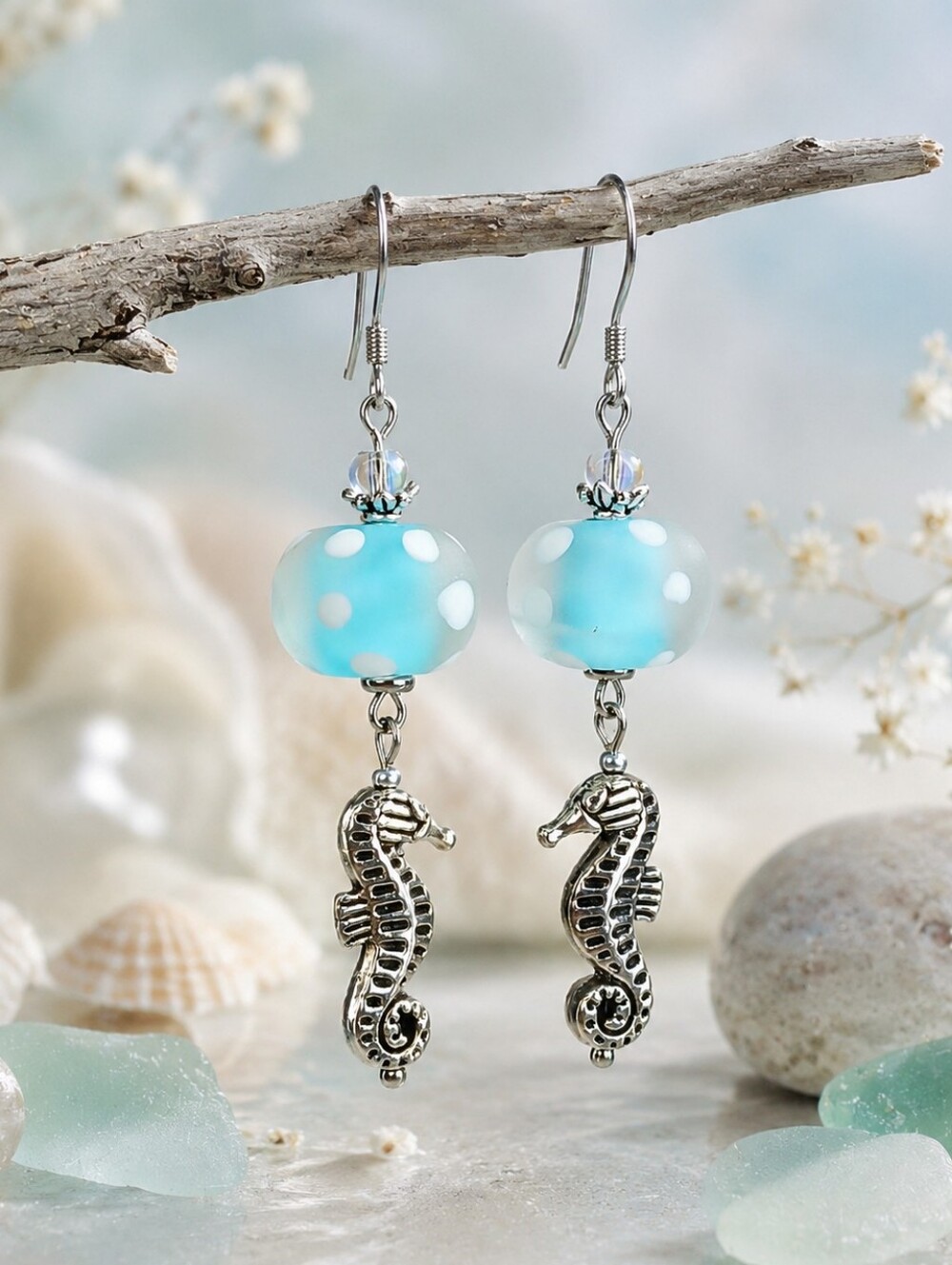 Aqua Lampwork Glass Seahorse Earrings Silver Coastal Artisan Hand Crafted